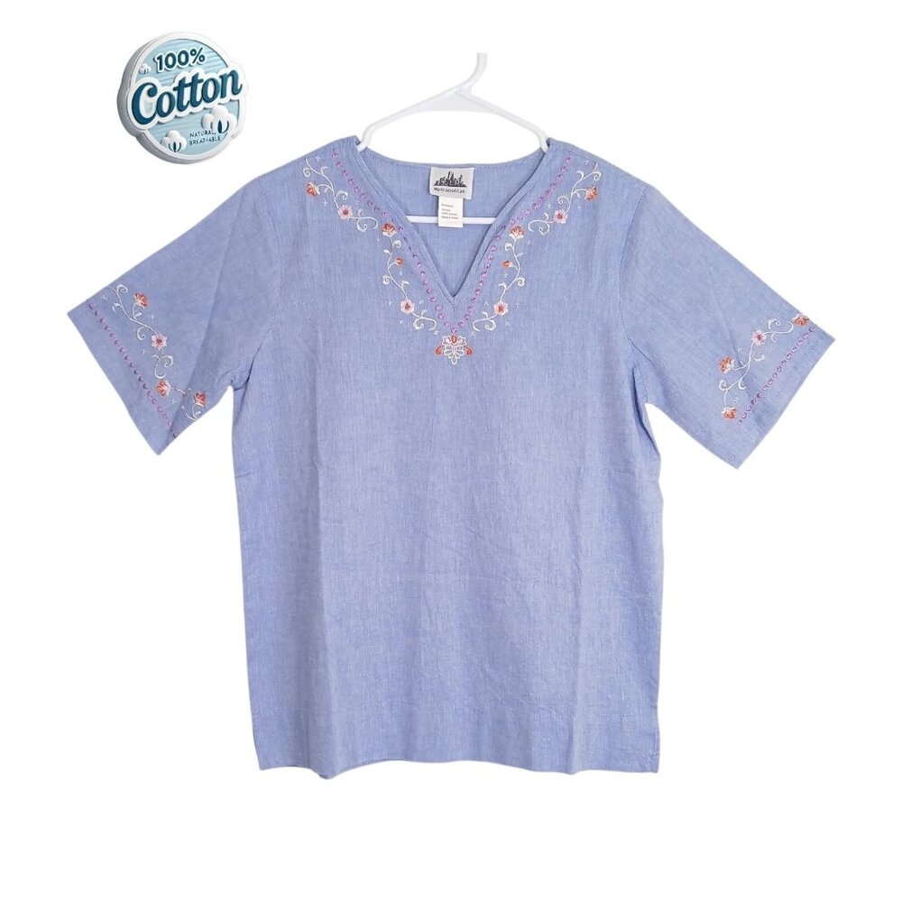 Metropolitan Women’s V-Neck Blouse Embroidered Blue Cotton Top Small India